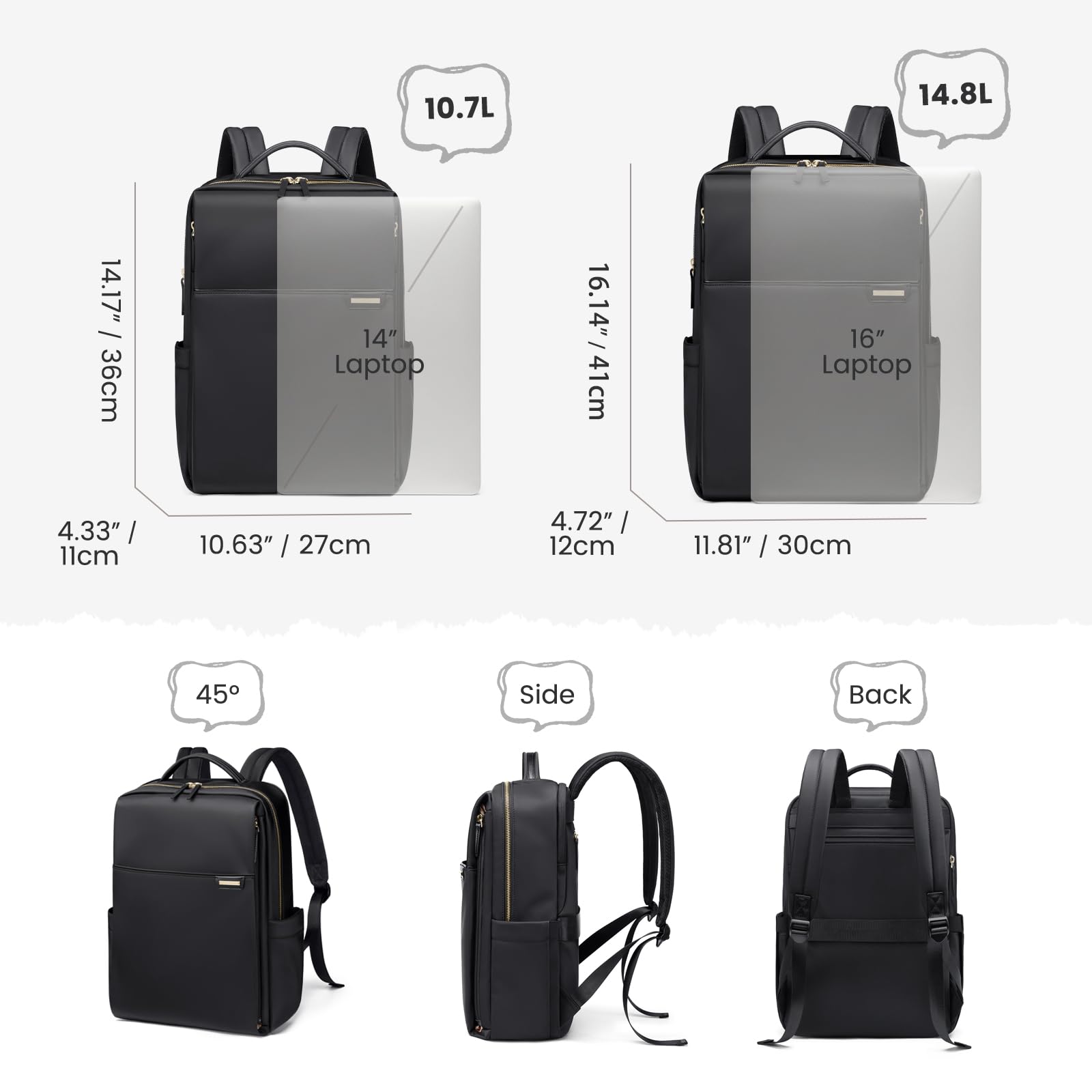 Mochila Mujer Portatil 16 Pulgadas, Señora Mochila para Trabajo, Portátil, Ordenador, Bolsa de Escuela, Antirrobo Impermeable, Negro