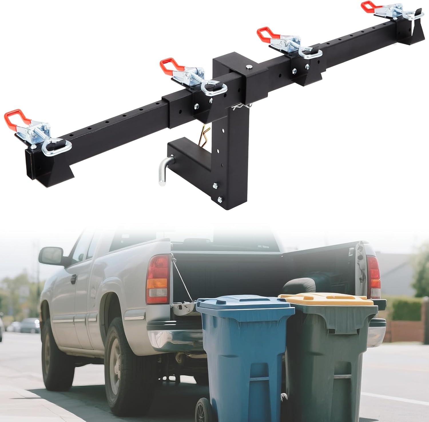 Dual Trash Can Hauler Hitch, Adjustable Trailer Hitch for Towing 2 Trash Cans, Anti-Loose Locking Fits ATVs, UTVs, Trucks, Trailers, with 2 Inch Hitch Receiver