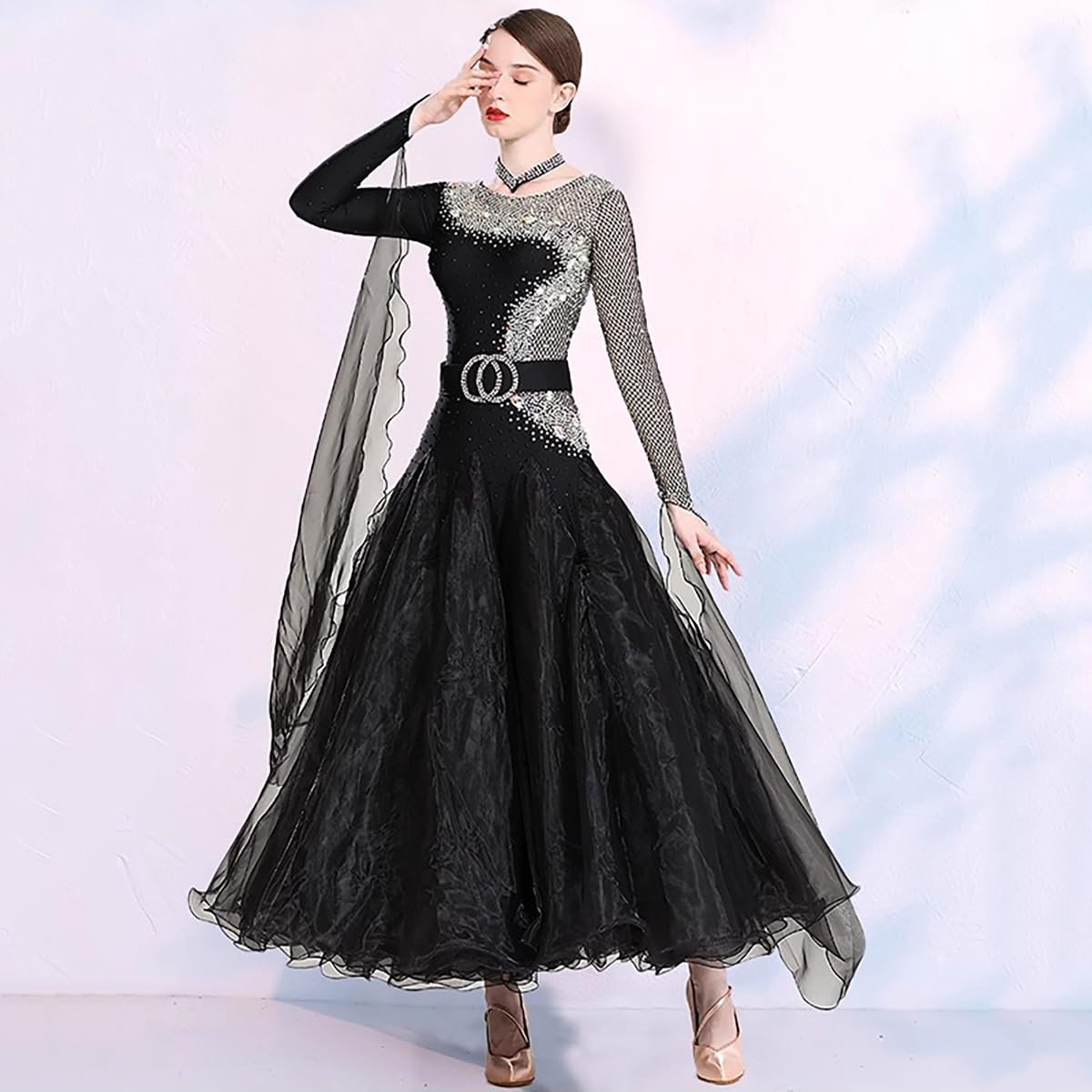 YUMEIREN Ballroom Competition Dresses for Women Performance Long Sleeve Modern Dress Party Waltz Dance Costumes(Black,XXXL)
