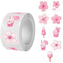 500Pcs Cute Stickers 1Inch Round Flower Stickers 8 Ice Cream Drinks Floral Designs Self-Adhesive Pink Spring Summer Roll Stickers Cherry Blossom Label Decals for Scrapbook Envelope Cards Decor