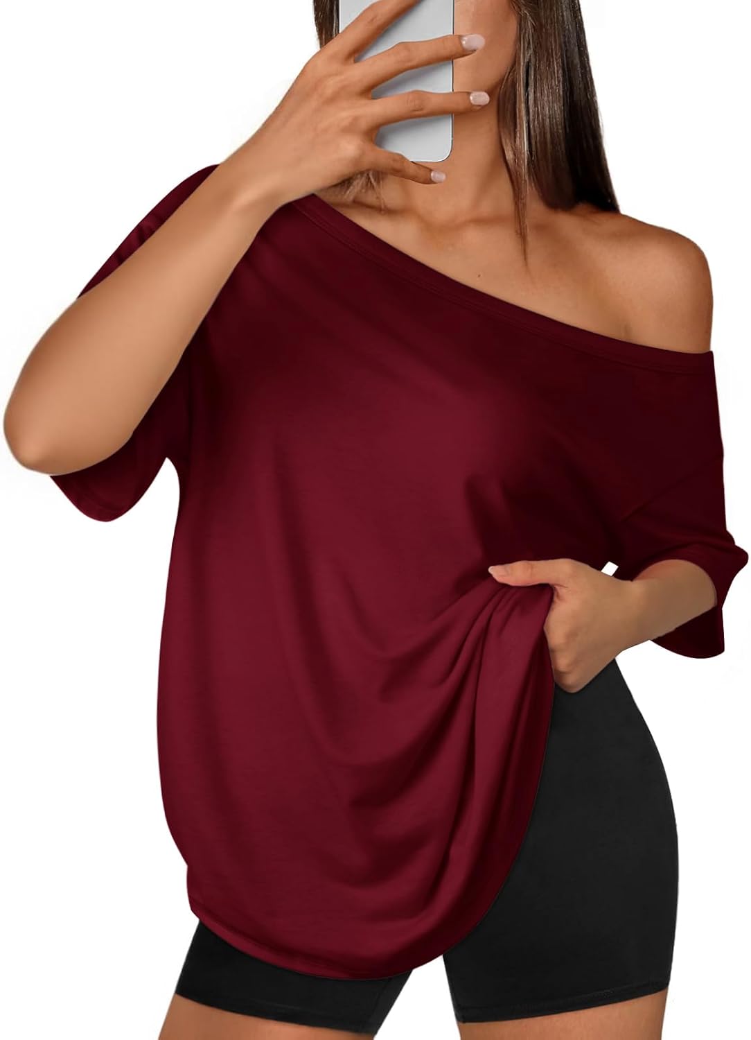 ATHMILE Off The Shoulder Tops for Women 2026 Y2K Loose Fit Tops Oversized Tshirts Fashion Going Out Outfits Casual Basic Tees