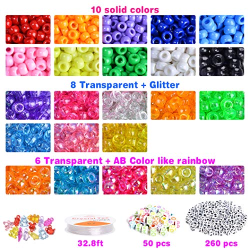 VICOVI 1000+pcs Pony Beads Kit for Bracelet Jewelry Making, Hair Beads, Include 23 Colors Rainbow Beads(9mm), 260 Letter Beads, 50 Color Beads, 20 Heart & Star Beads and Rolls Elastic String.