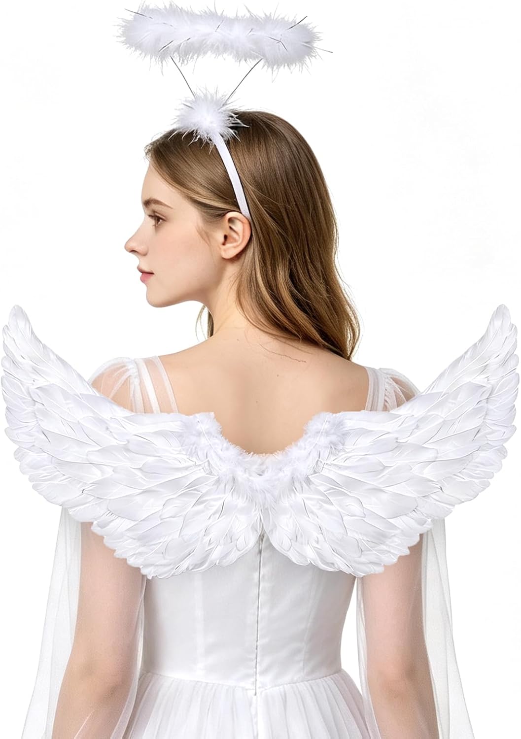 VEKDA Adult Angel Wings Costume, 23.6x13.8in Feather Angel Wings and Halo