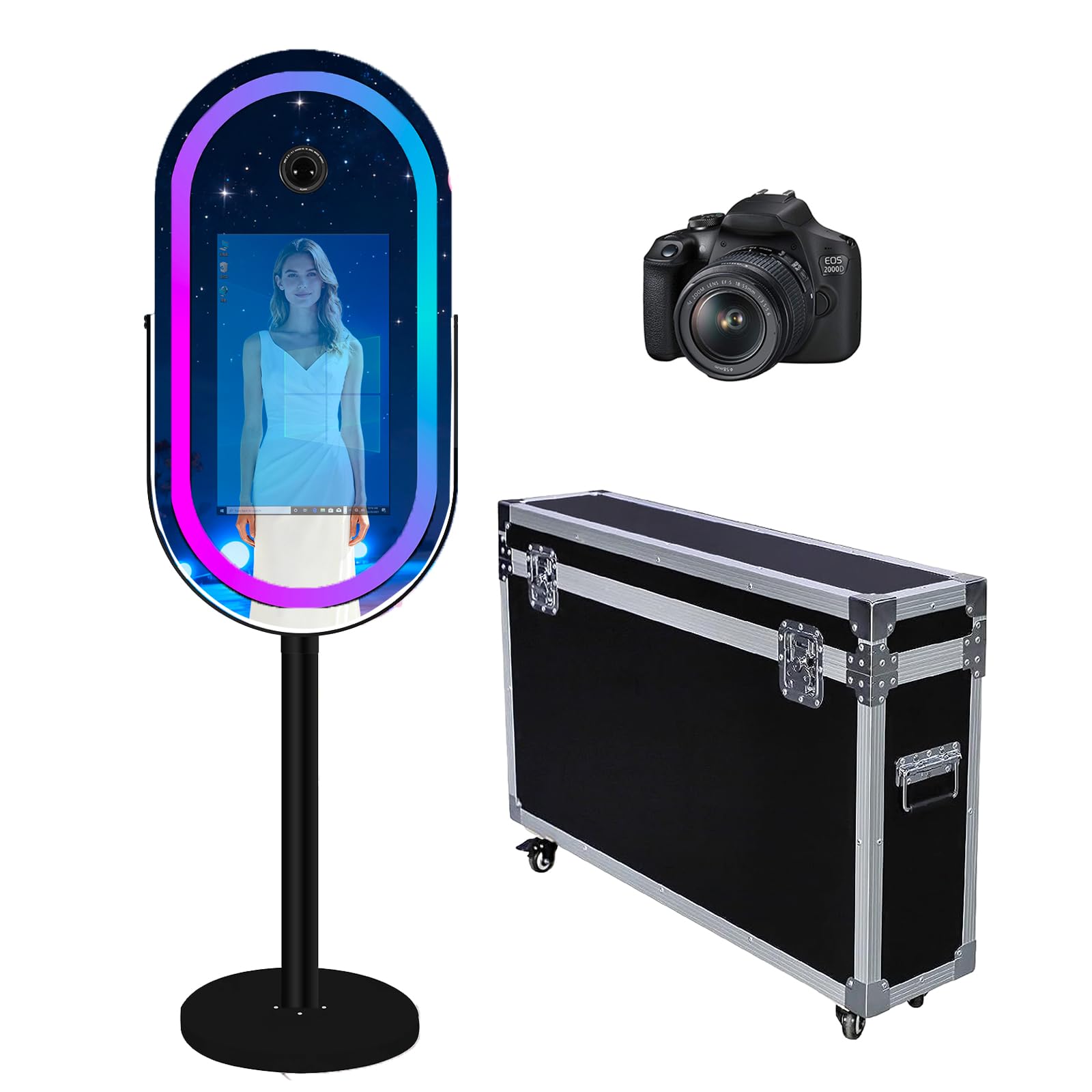 Elliptical Mirror Photo Booth Selfie LED Frame Portable 21.5in Touch Screen Magic Mirror Booth Machine for Party Events Wedding with RGB Light (Black, Photo Booth+Camera)