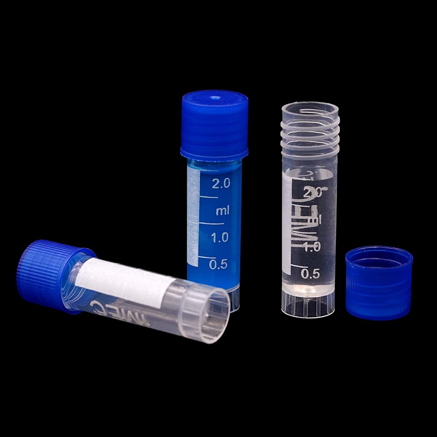 HUAZIZ 100 Piezas 2 Ml Tubos de Ensayo Plástico, Tubo Criogénico, Vial con Tapa de Tornillo Azul para Laboratorio