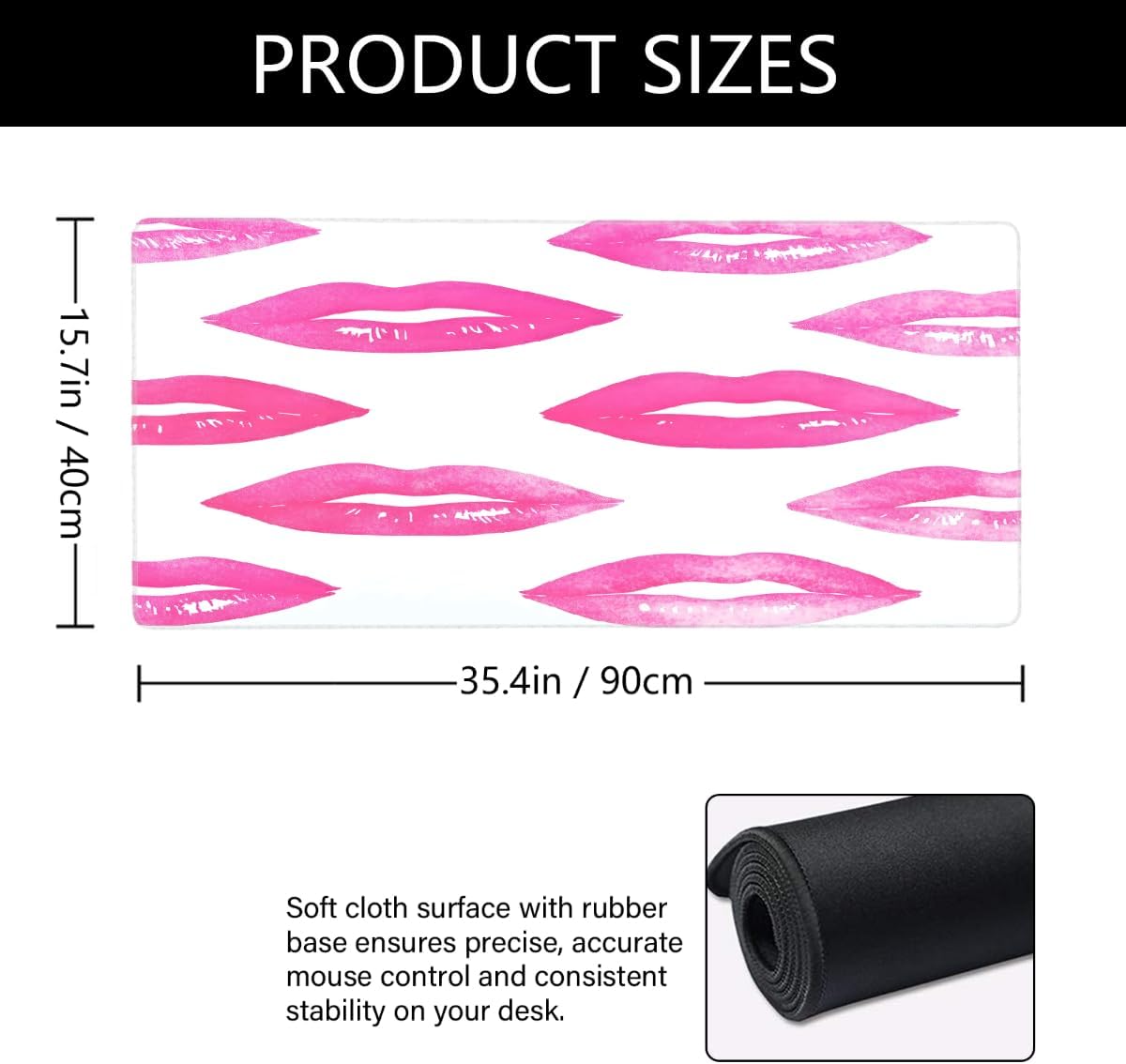 Large Mouse Mat Abstract Lips Lover Computer Mousepad with Non-Slip Rubber Base Waterproof Mouse Pad Desktop Keyboard Pad for Gamer,Home School Laptop Office Accessories,16x35.5in