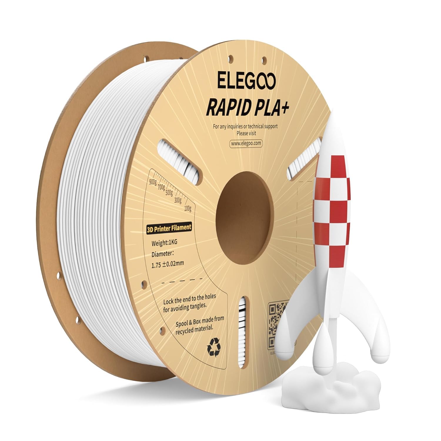 ELEGOO Rapid PLA Plus Filament 1.75mm White 1KG, PLA+ 3D Printer Filament for 30-600 mm/s High Speed Printing, Dimensional Accuracy +/- 0.02 mm, 1kg Cardboard Spool(2.2lbs)-image-2