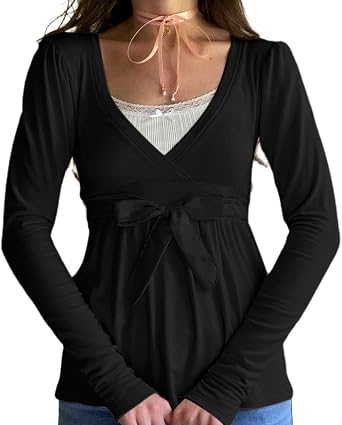 Women Y2k Fairy Grunge Babydoll Tops Long Sleeve V Neck Slim Fit Aesthetic Shirts E Girl Vintage Coquette Blouses