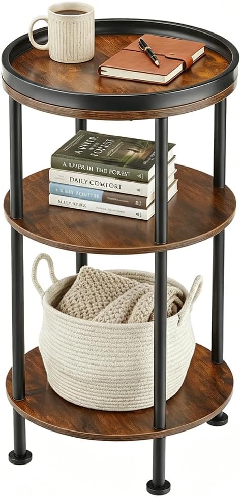 YEAKOO Nordic End Table, 3-Tier 30cm Round Side Table with Storage Shelf Edge Protection Tray, Sturdy Metal Frame Coffee Table Bedside Table for Living Room Bedroom Small Spaces-Rustic Brown