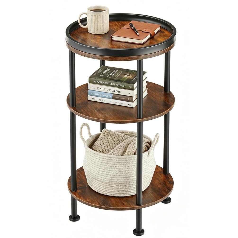 ZEXVIDA Small Round Side Table with Tray Top
