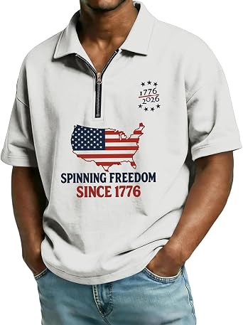 HJINGSUN 250 Anniversary USA Tshirt Men American Flag Zip Up Polo Shirts 4th of July Golf Tops Patriotic Short Sleeve Tees