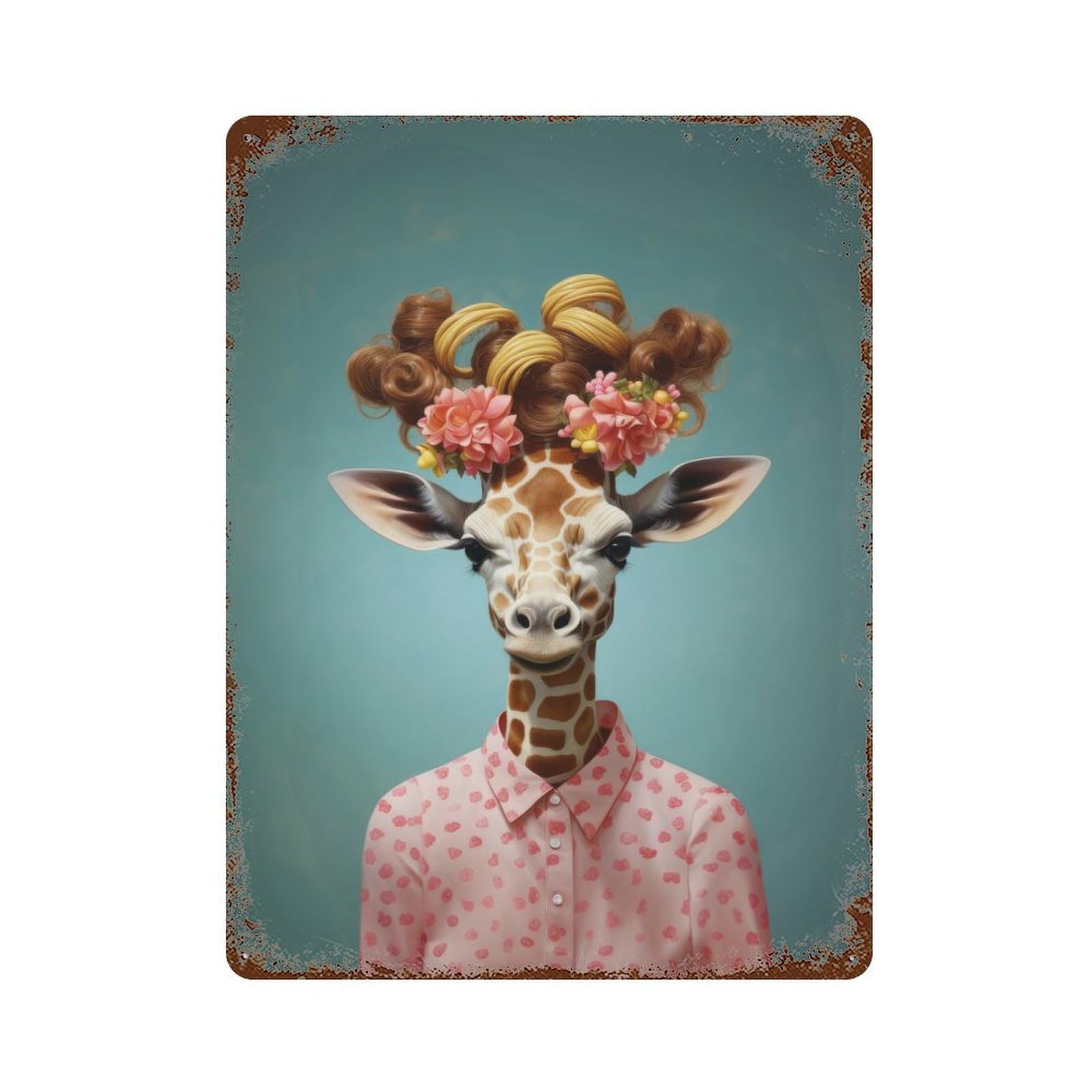 An Giraffe with Curly Hair Decorative Tin Sign 15.7"x11.8", Industrial Home Decor for Garage, Pub Or Kitchen