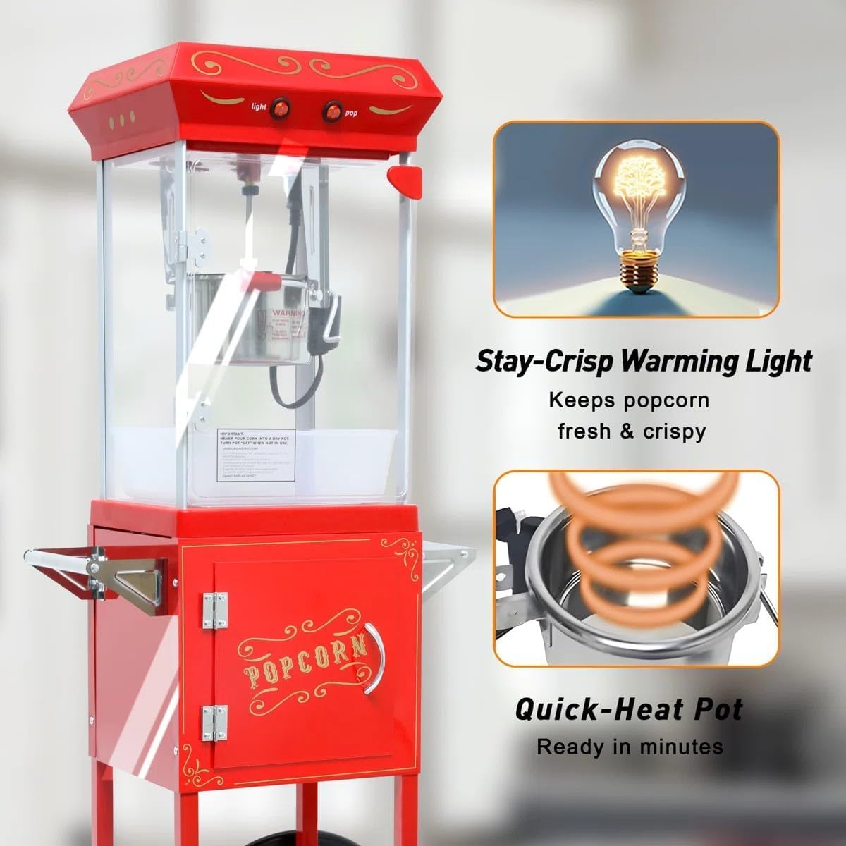 Commercial Popcorn Machine with Cart & 8 Oz Pot, Stainless Steel Vintage Style Popcorn Maker with Wheels, Lockers & Oil Spoon for Home Theater, Parties, Business