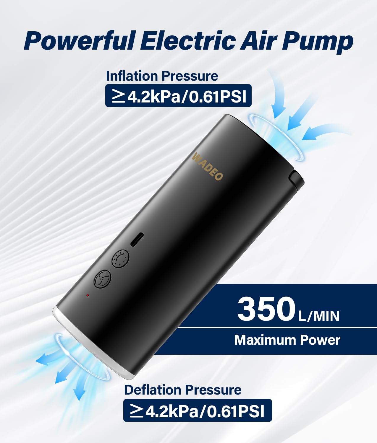 WADEO Pompa Elettrica Portatile, [Luce LED] [Gonfiatore e Sgonfiatore] [5 Ugelli] 4000mAh Ricaricabile Pompa per Materassi Gonfiabili, Piscine, Canotti, Campeggio e Casa