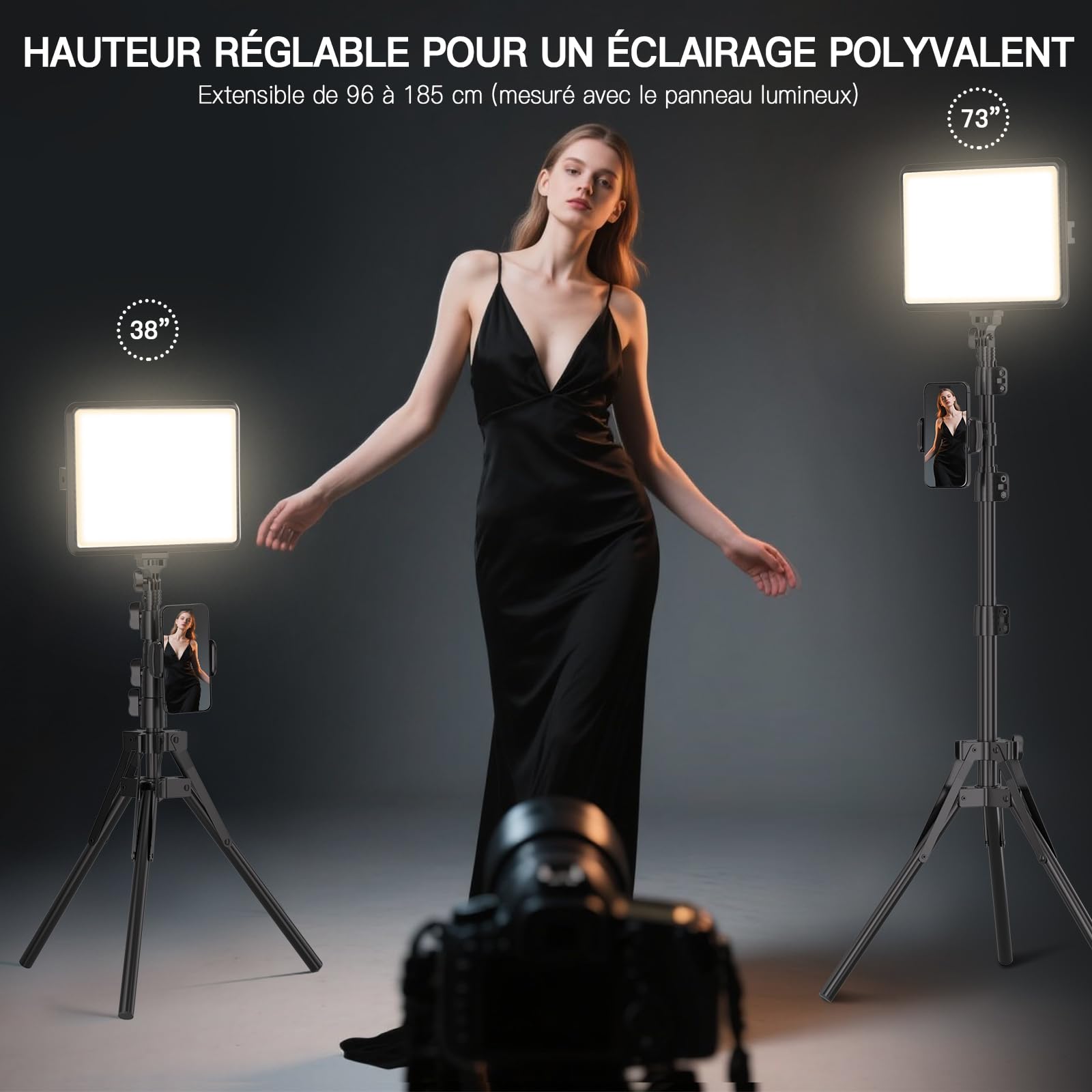 25cm*20cm Lumiere Photo, Lot de 2Panneau d'Éclairage Vidéo LED Kit 2800-6500 K avec USB/Support de téléphone, 185cm Kit D'éclairage de Photographie à Intensité Variable pour Portrait/TikTok (2 Pack)