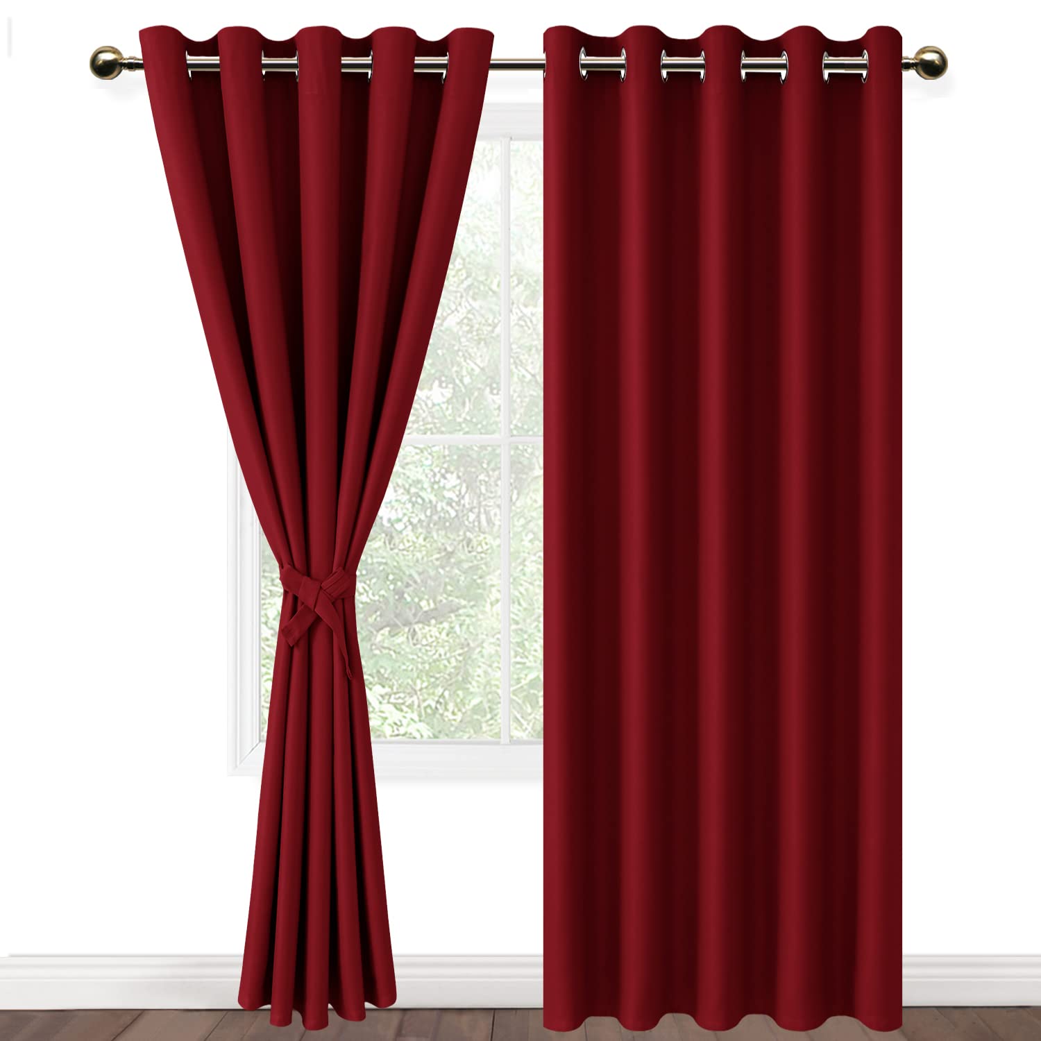 DWCN Red Blackout Curtains with Tiebacks for Bedroom Thermal Insulated Solid Eyelet Curtains for Living Room,2 Panels,66" Wide x 90" Drop โ image 1