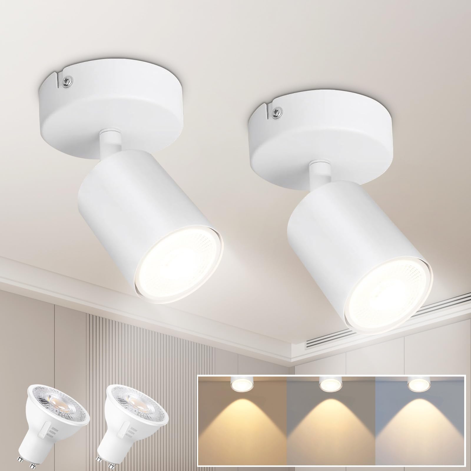 Seruno X 2-Pack Adjustable GU10 Spotlight, 6W LED Compatible Bulb Included, Metal Matt White, Ceiling Wall Light Modern Industrial Indoor for Dining Room Kitchen Living Room Bedroom Hallway