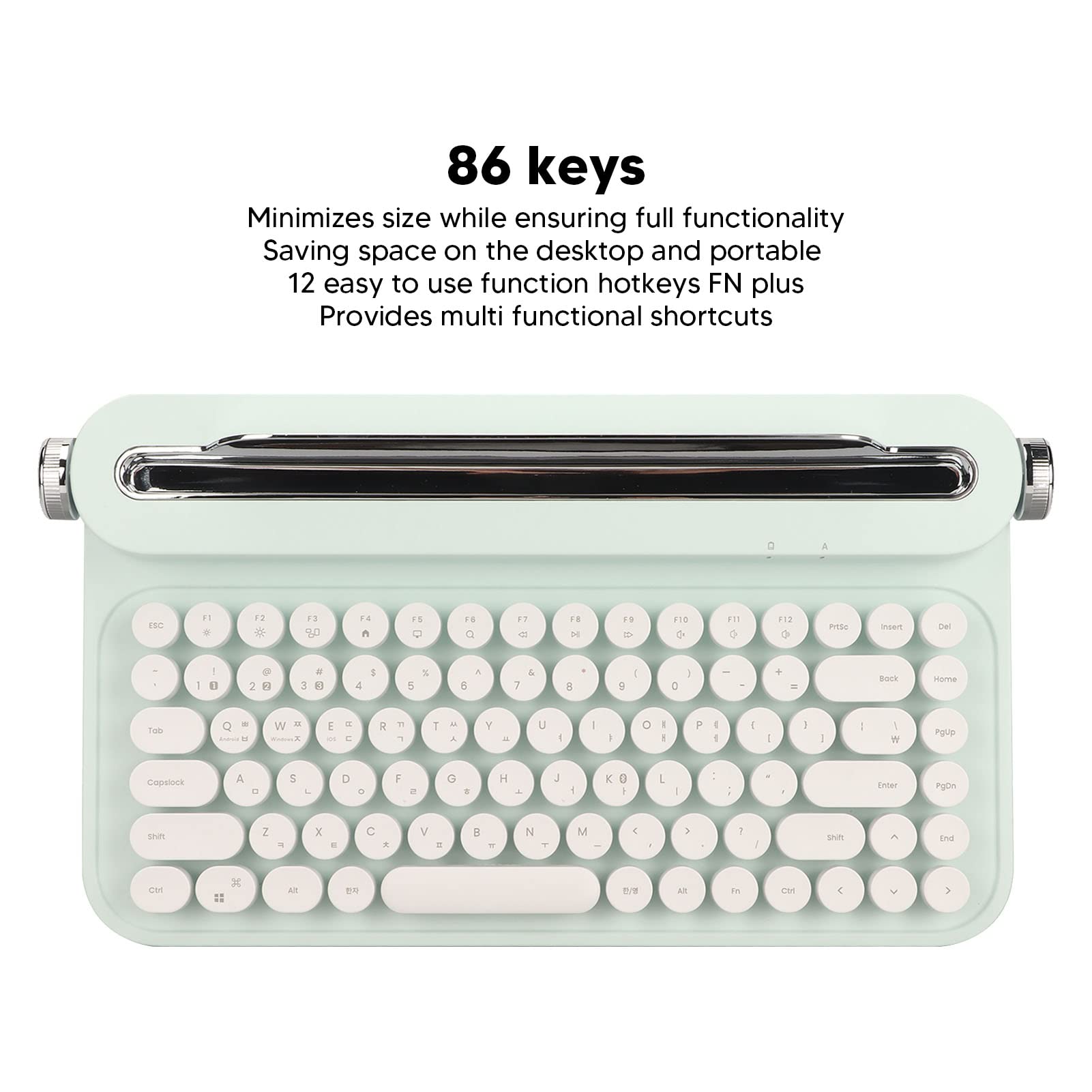 Dpofirs Tastiera da scrivere retrò, 86 tasti, tastiera Bluetooth vintage, tastiera portatile senza fili con supporto integrato per Windows per iOS (verde menta)