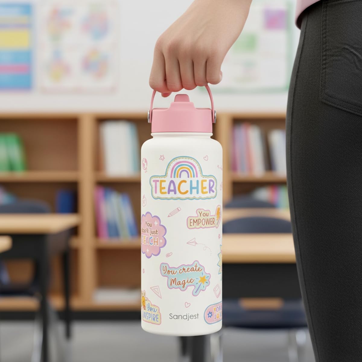 Teacher Water Bottle Stainless Steel 32oz with Lid & Straw, Insulated Bottles Gifts for Women Friends Back To School Birthday Christmas Appreciation Week Teacher's Day