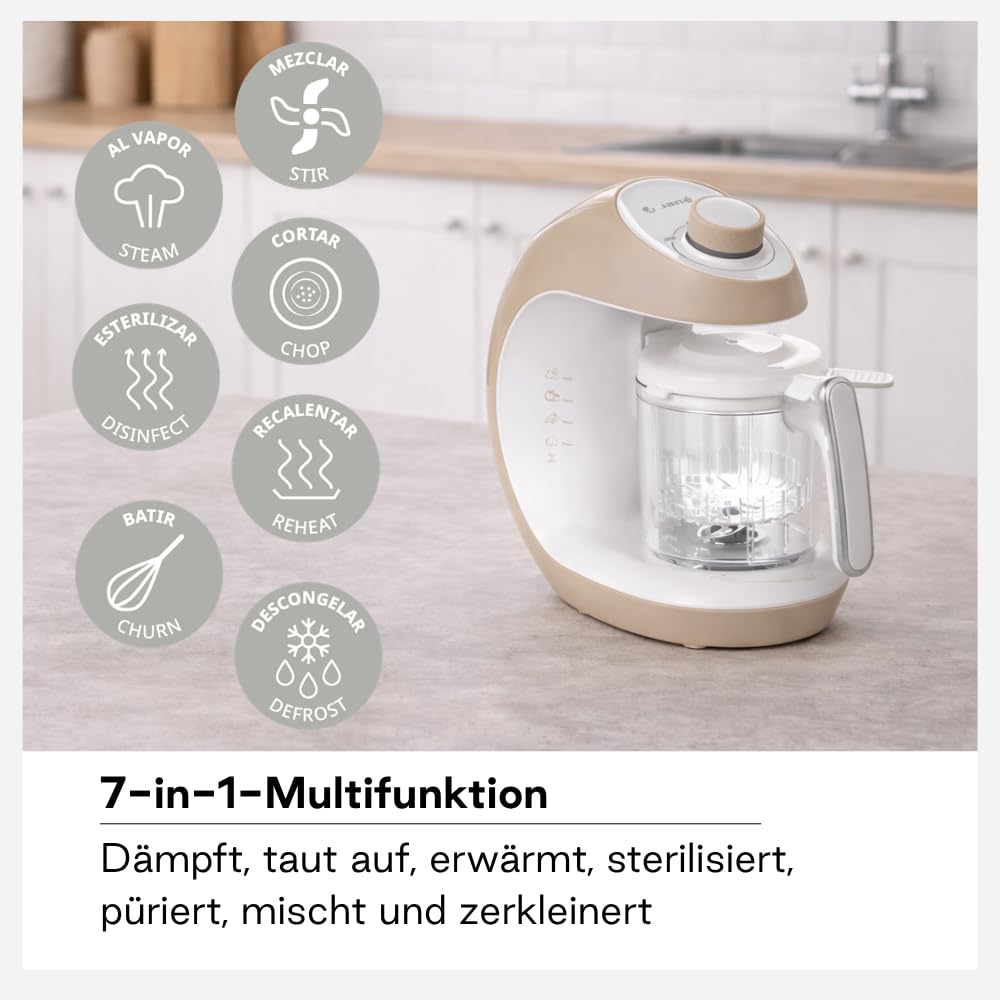Jané Chefkiss Babynahrungszubereiter, 7-in-1-Multifunktion, Küchenmaschine, Dampfgaren, Auftauen, Aufwärmen, Sterilisieren, Mixen, Vermischen, automatische Reinigung