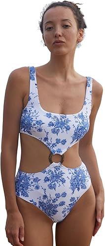 BERLOOK Traje de baño de una pieza con corte de anillo en O Traje de baño sexy floral con cuello en U