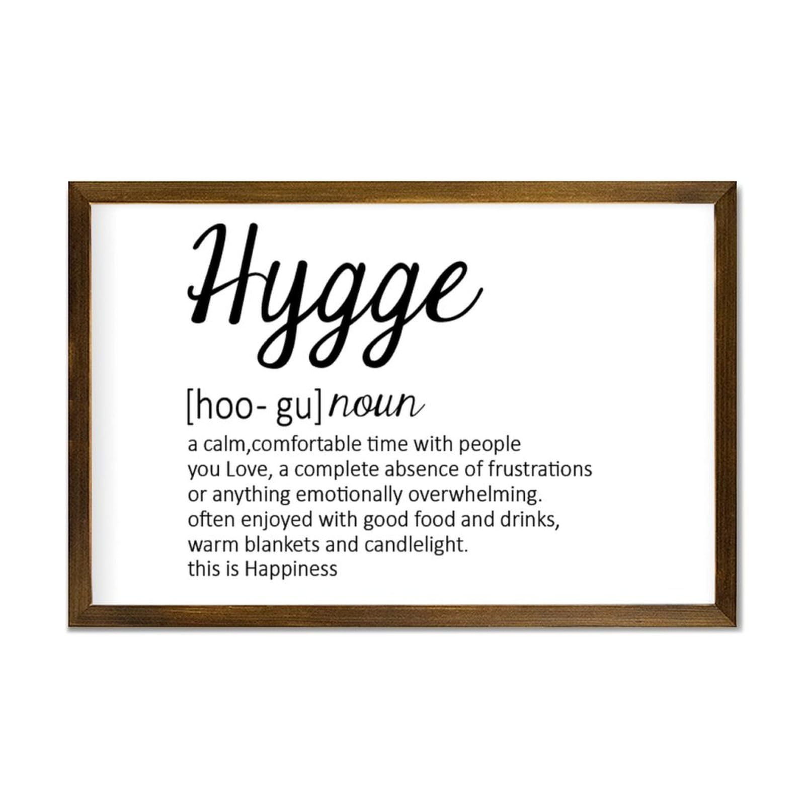Hygge Definition Dictionary Word Meaning Decorative Wooden Sign With Frame Farmhouse Home Decoration for Kitchen Dinning Room Coffee Club Rustic Wood Framed Wall Art Plaque Poster 12x8in