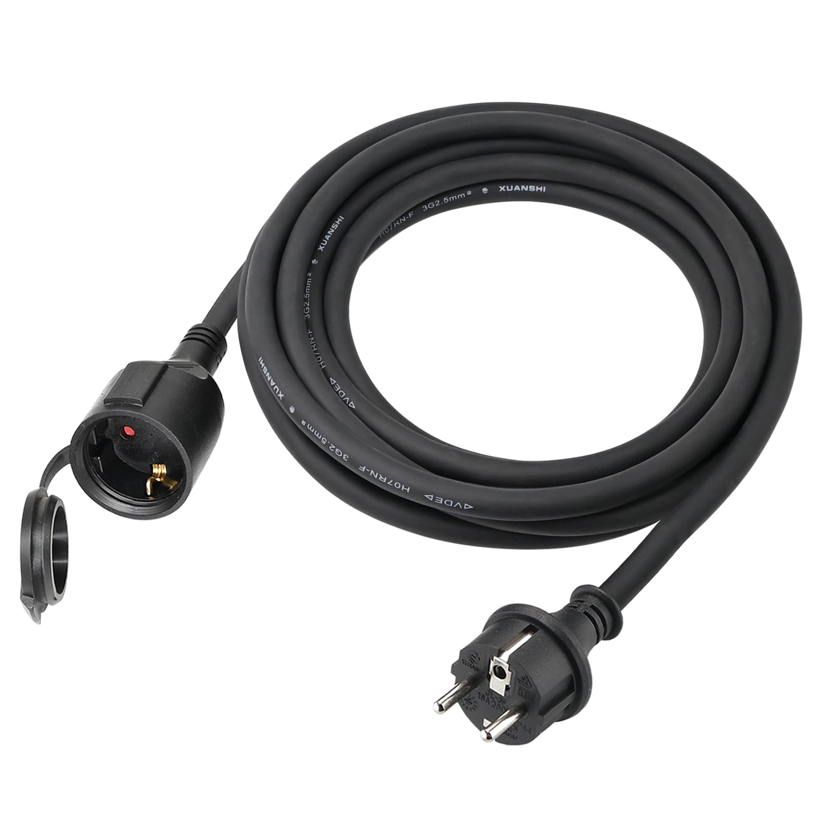 XUANSHI Cable alargador exterior de 10 m con tapa protectora H07RN-F 3G 2,5 mm² de goma, cable de extensión para exteriores, cable de alimentación exterior con enchufe Schuko, 3500 W, 16 A 250 V