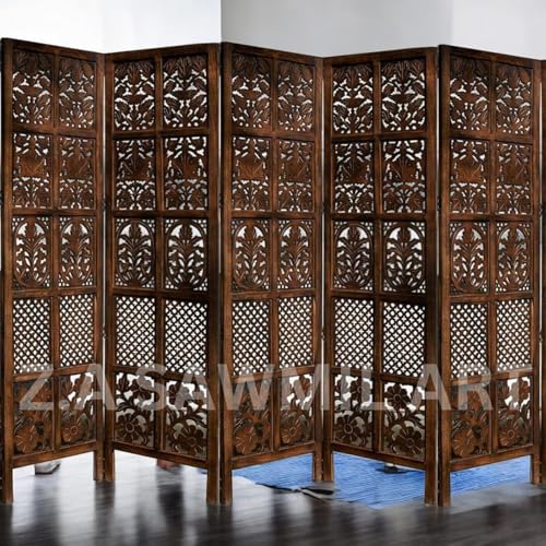 Image of Wooden Partition for Living Room, Privacy Divider, Wooden Room Separator, Divider for Office, Partition for Puja Room, (Mix Frame Design - Brown) (6 Feet 5 Panel)