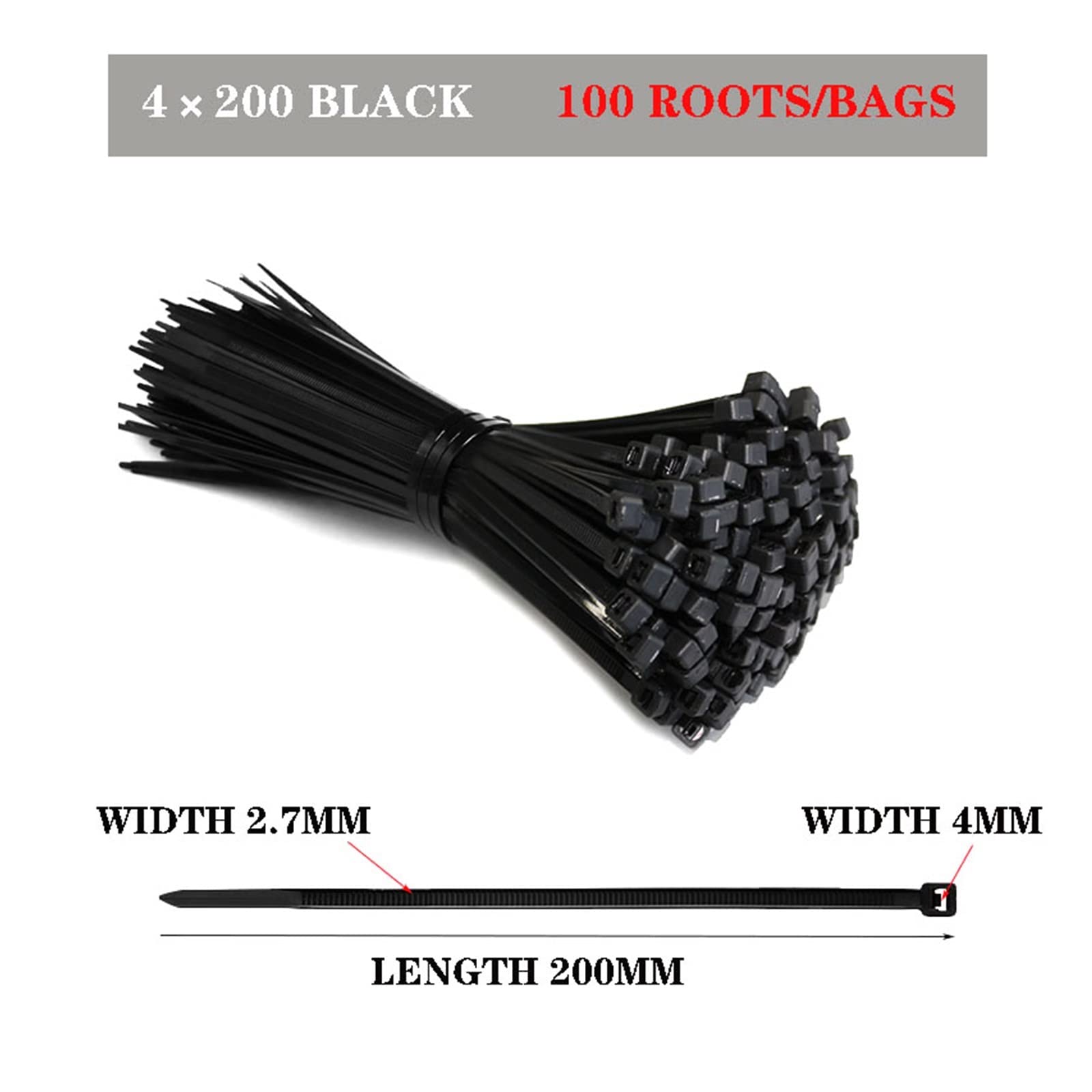 assortimento di Fascette per Cavi,Fascette per, Fascetta fermacavi in ​​Nylon di plastica autobloccante, 100 Pezzi, Cavo Nero 5x300(4x200)