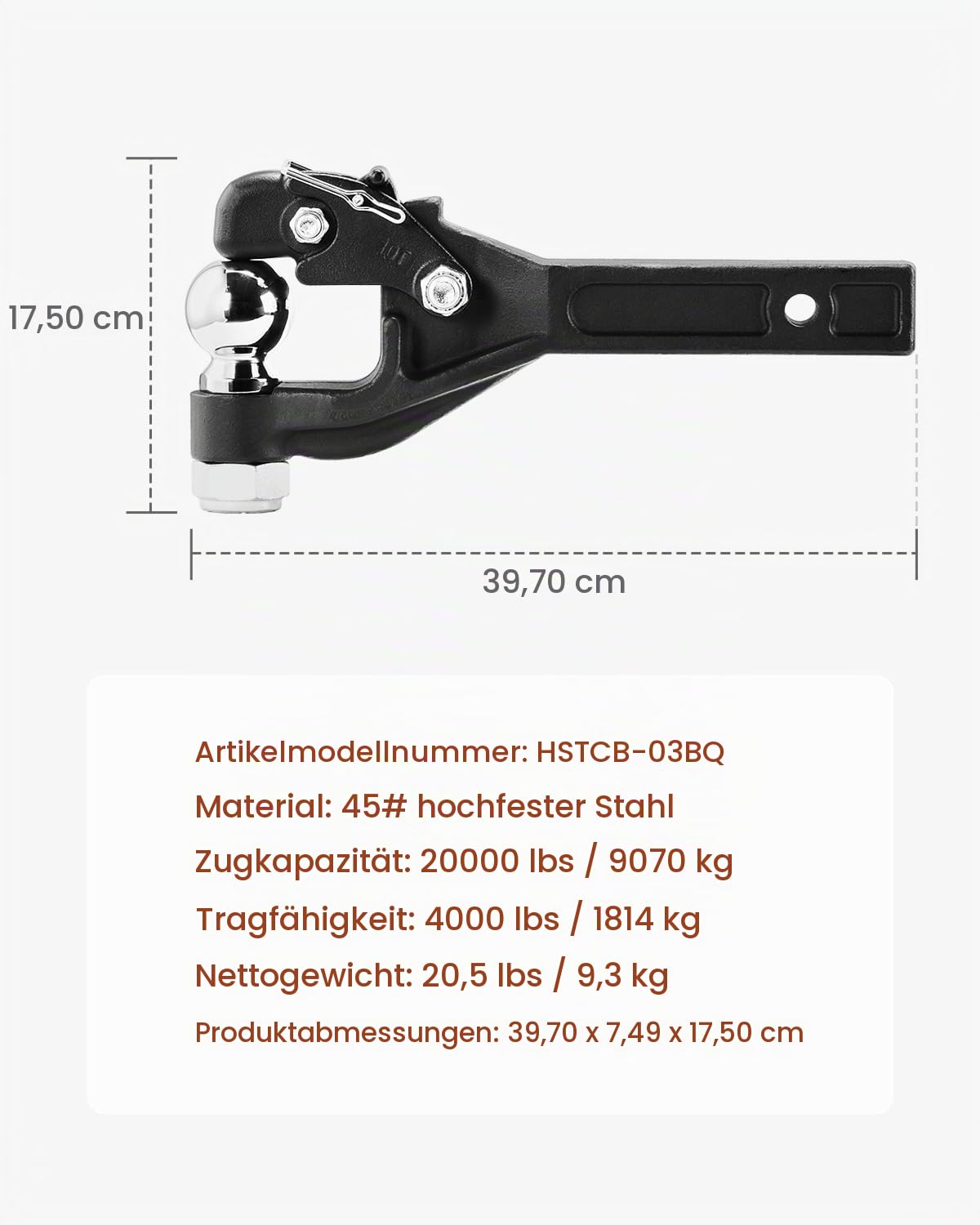 VEVOR Anhängerkupplung 9 T, für 50,8 mm Anhängekupplungshaken, Kombination 2-5/16-Zoll-Anhängerkupplungskugel, passend für 63,5 bis 76,2 mm Lünettenring, 397 mm Länge, Schwarze Pulverbeschichtung