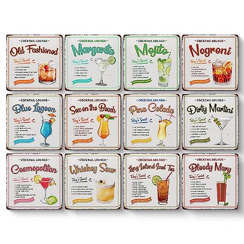 Juego de 12 carteles de lata con impresión de póster de cóctel (8 x 8 pulgadas), letreros de recetas de cócteles, accesorios de bar, accesorios vintage para colgar, manualidades, hogar, cocina, pub,