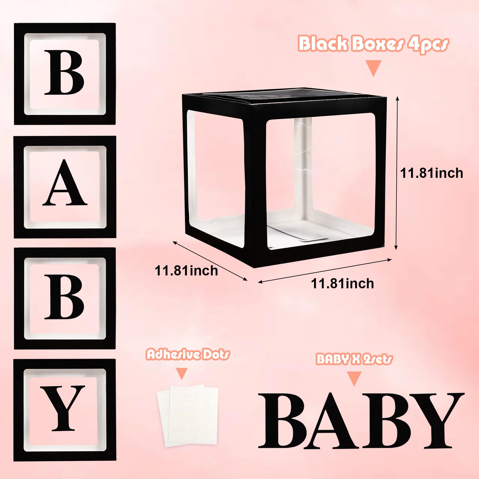 Baby Boxes with Letters for Baby Shower Decorations - 4 Balloon Boxes for Gender Reveal, Halloween (Black)