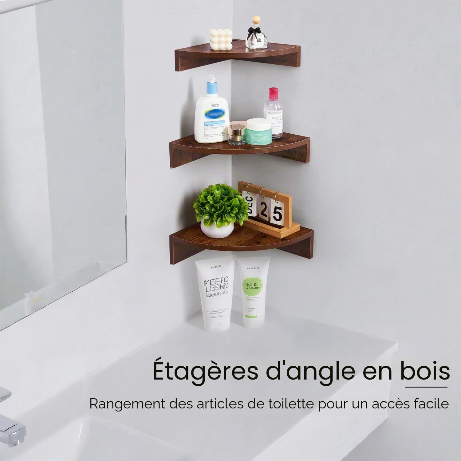 Lot de 3 étagères d'angle suspendues en bois rustique flottant avec trou pour fil de fer - Style vintage maison de campagne - Pour chambre à coucher, salon - Marron