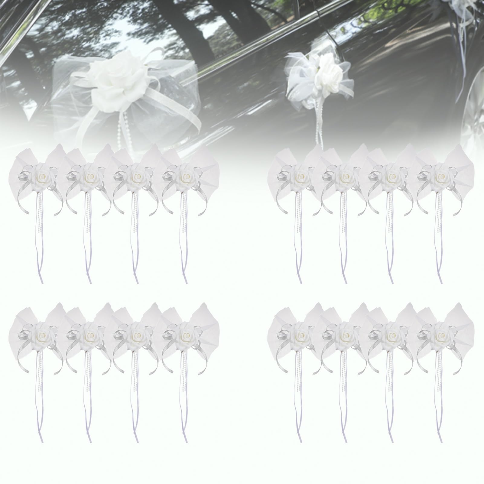 Fleurs blanches poignées portières voiture mariage avec nœuds intégrés lot de 16