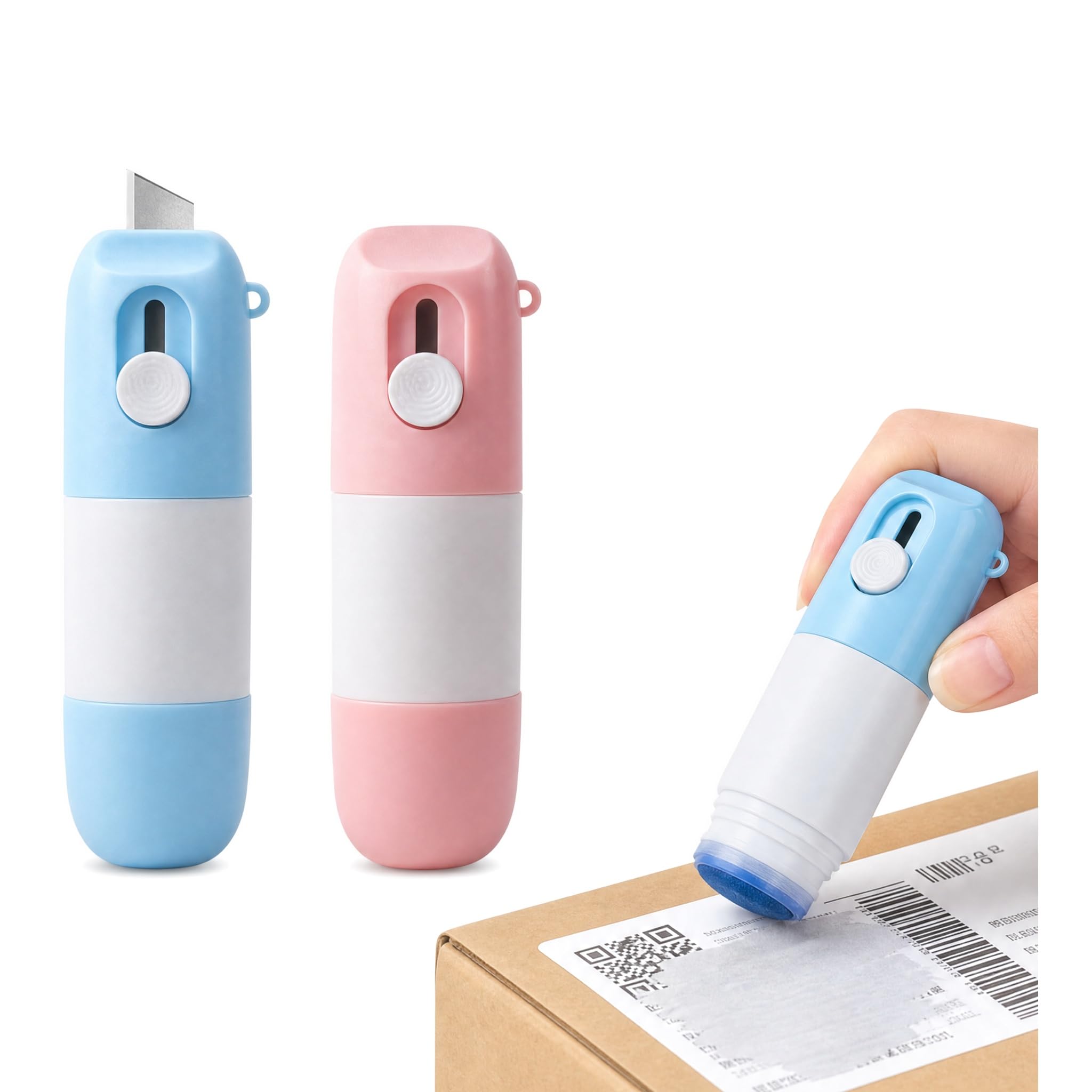 FeiatPogra 2 PCS 2-in-1 Thermal Paper Eraser & Cutter, Privacy Wipe Pen with 10ml Correction Fluid, Portable Data Protector for Shipping Labels, Bills, Receipts (Blue & Pink)