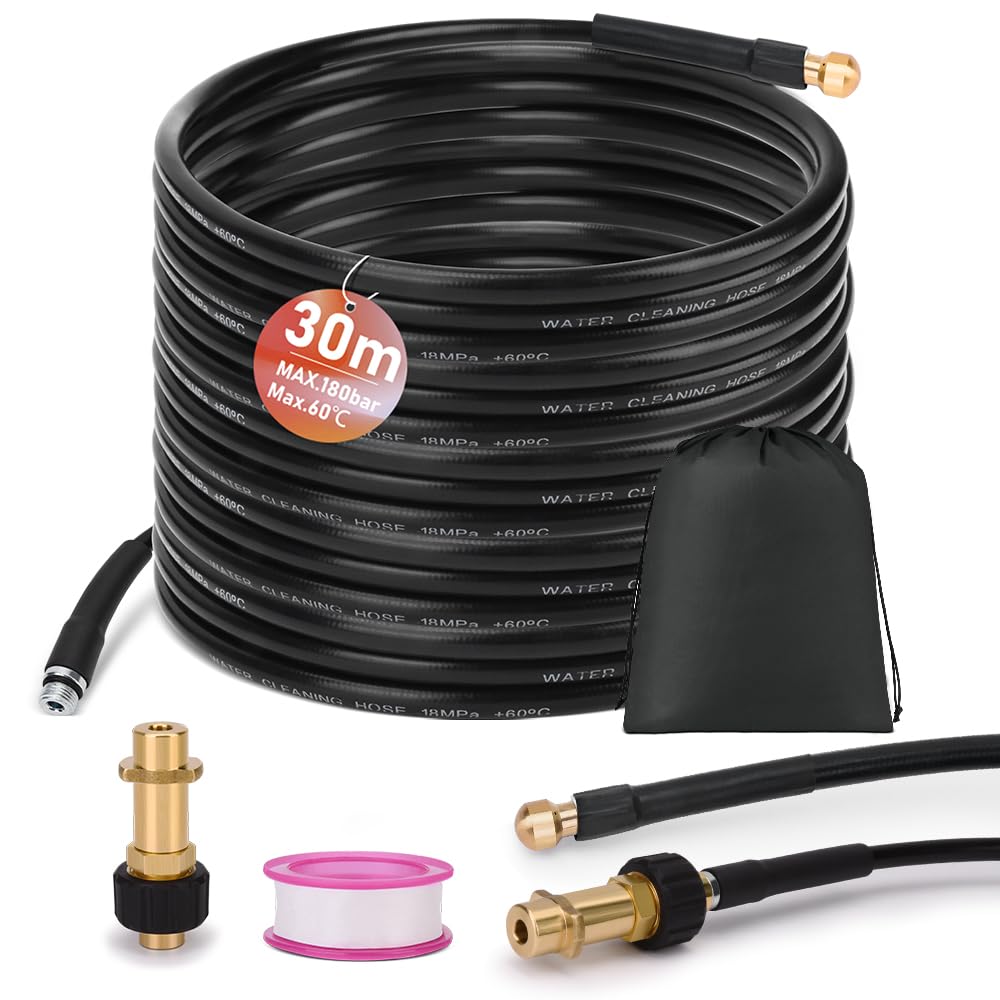 Kit de tuyau de nettoyage de canalisations 30 m pour K2 K3 K4 K5 K6 K7, 180 bar 60 °C, avec sac, buses rigides, déboucheur de canalisation, tuyau de vidange pour nettoyeur haute pression