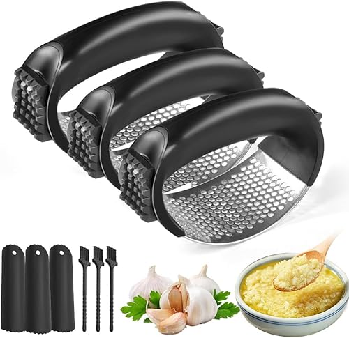 Mecedora de prensa de ajo de acero inoxidable, picadora de ajo y trituradora de ajo, herramienta de ajo fácil de apretar con pelador y cepillo de