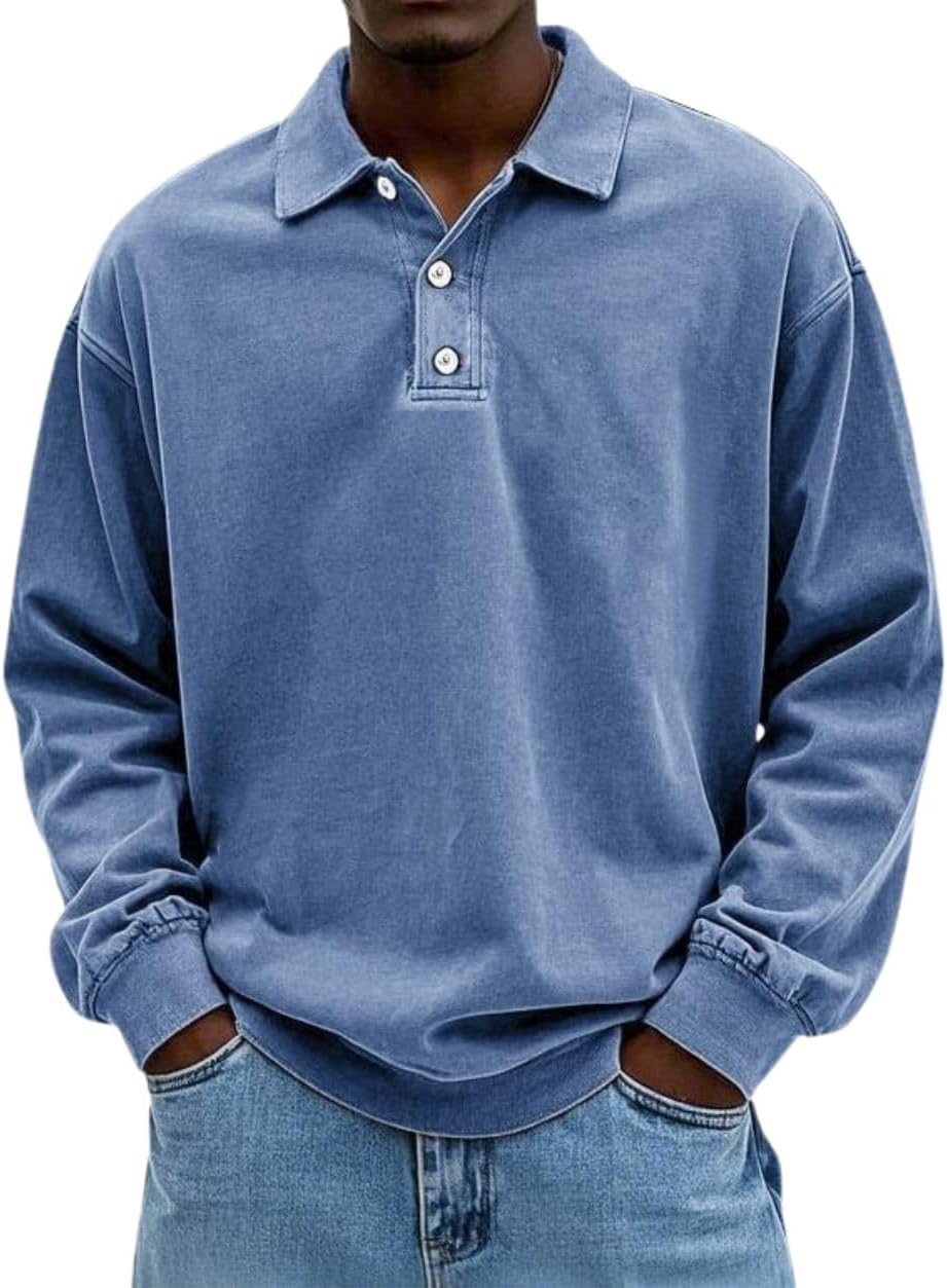 HOTYD Men's Washed Vintage Polo Shirts Button Long Sleeve Lapel Collared Shirt Loose Fit Casual Fashion Shirts Golf Gym Tops