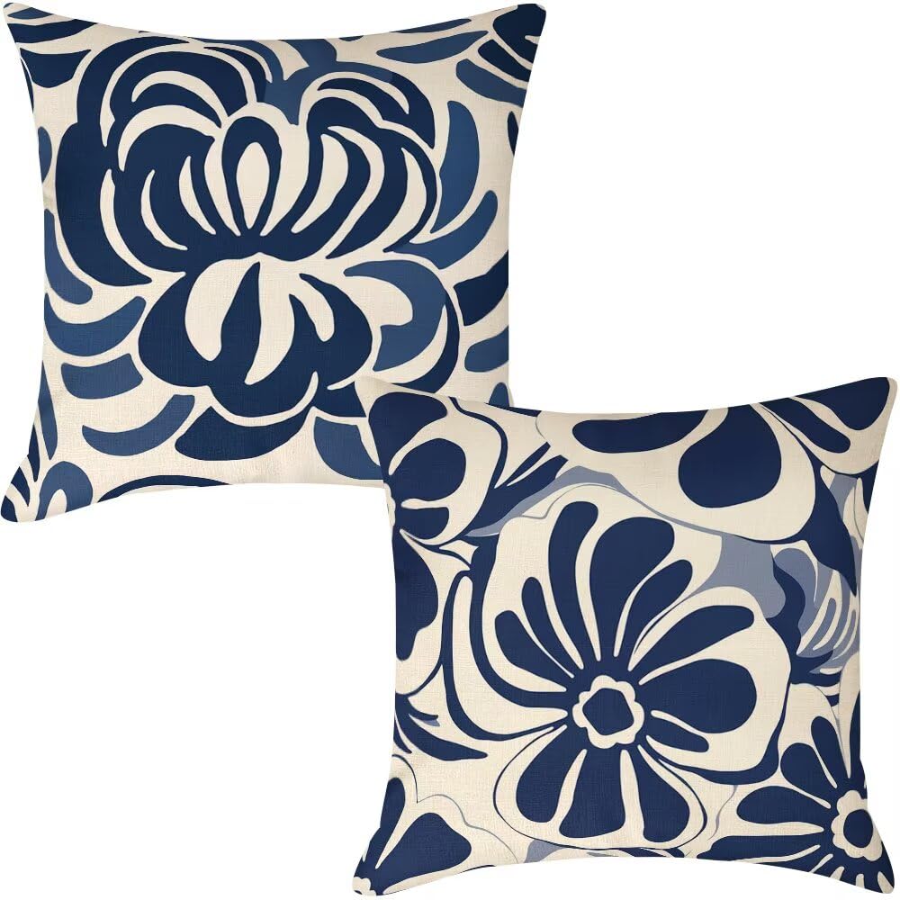 Federe Cuscini da Esterno Impermeabili 65x65 Blu Navy Copri Cuscini per Divano Fiori Federa Cuscino Astratto Decorativi Copricuscini per Divano Giardino Patio Soggiorno Copricuscino Set di 2 (IU367)