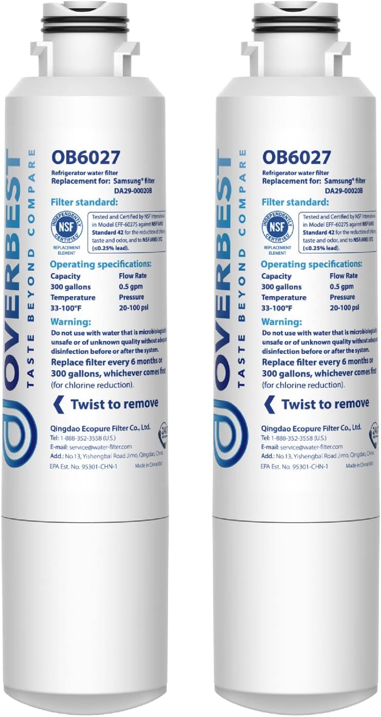 Overbest DA29-00020B Refrigerator Water Filter, Replacement for Samsung DA29-00020B, HAF-CIN/EXP, 46-9101, RF4267HARS, 2 Filters