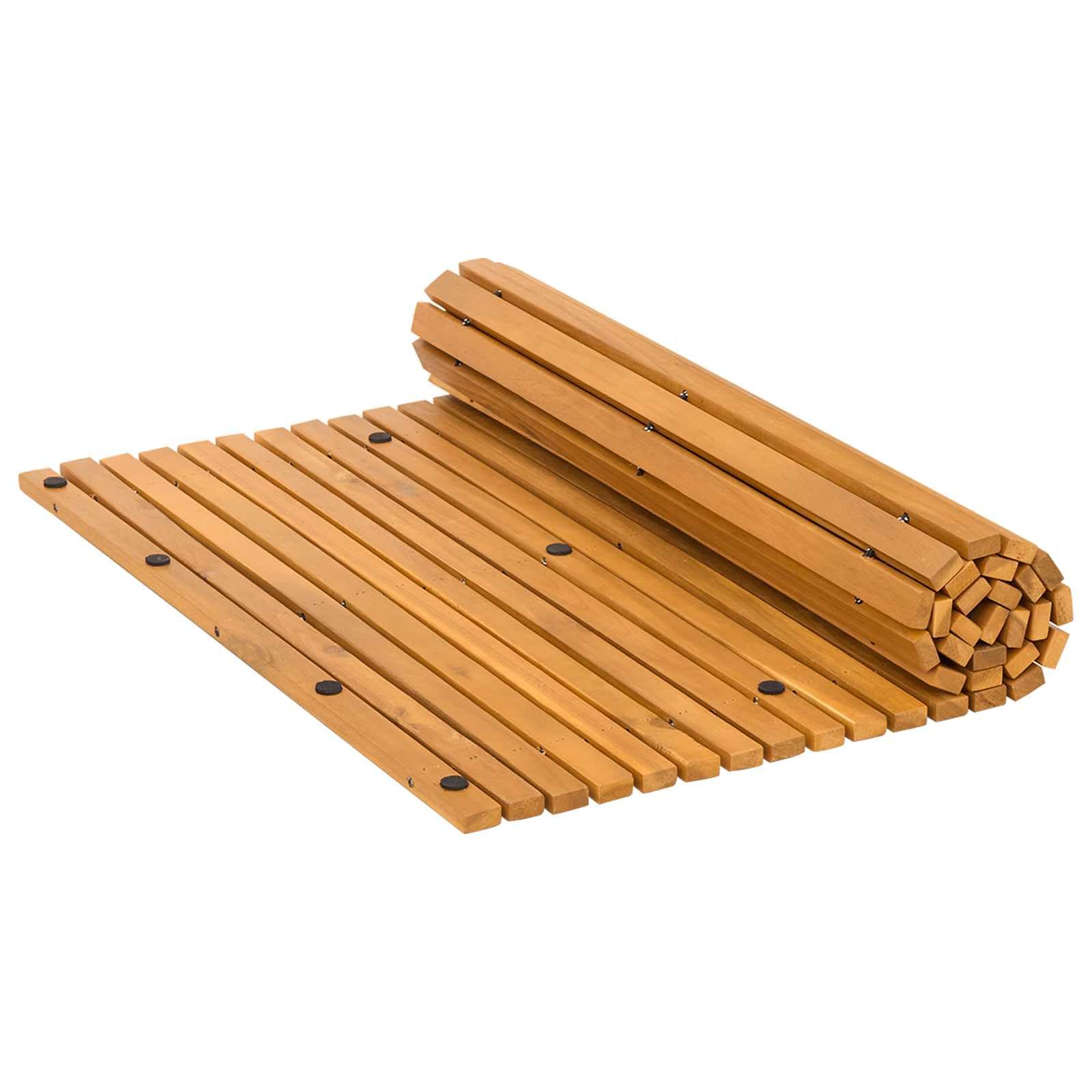 Badematte 100 x 60 cm aus Akazienholz, Duschmatte rutschfest, Holzmatte für Badezimmer und Wellnessbereich, platzsparend rollbar