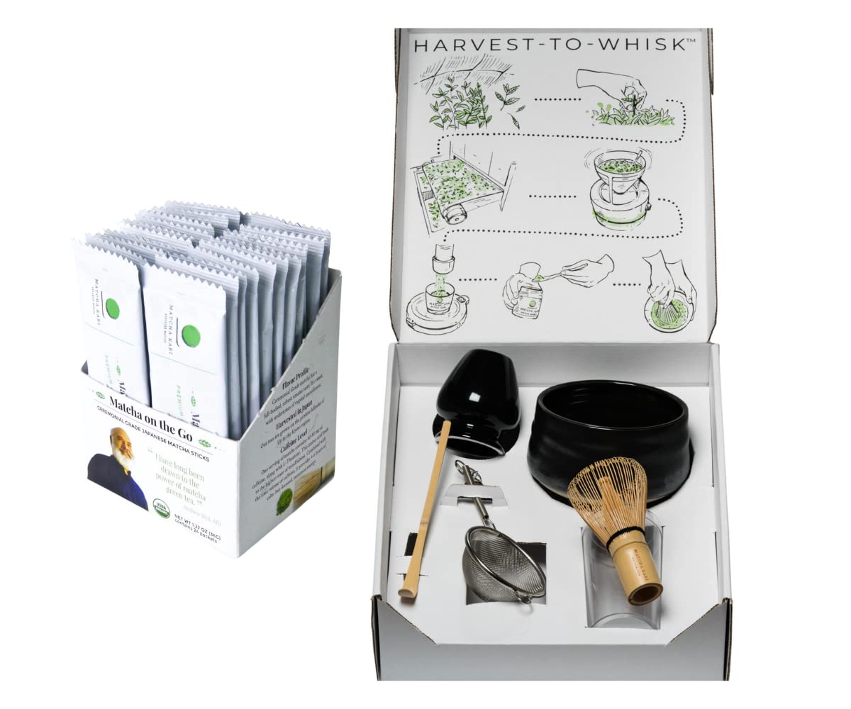 Matcha Kari Sticks Lite Kit Bundle - 24 Sticks with Bowl Scoop Sifter Whisk and Holder USDA Organic