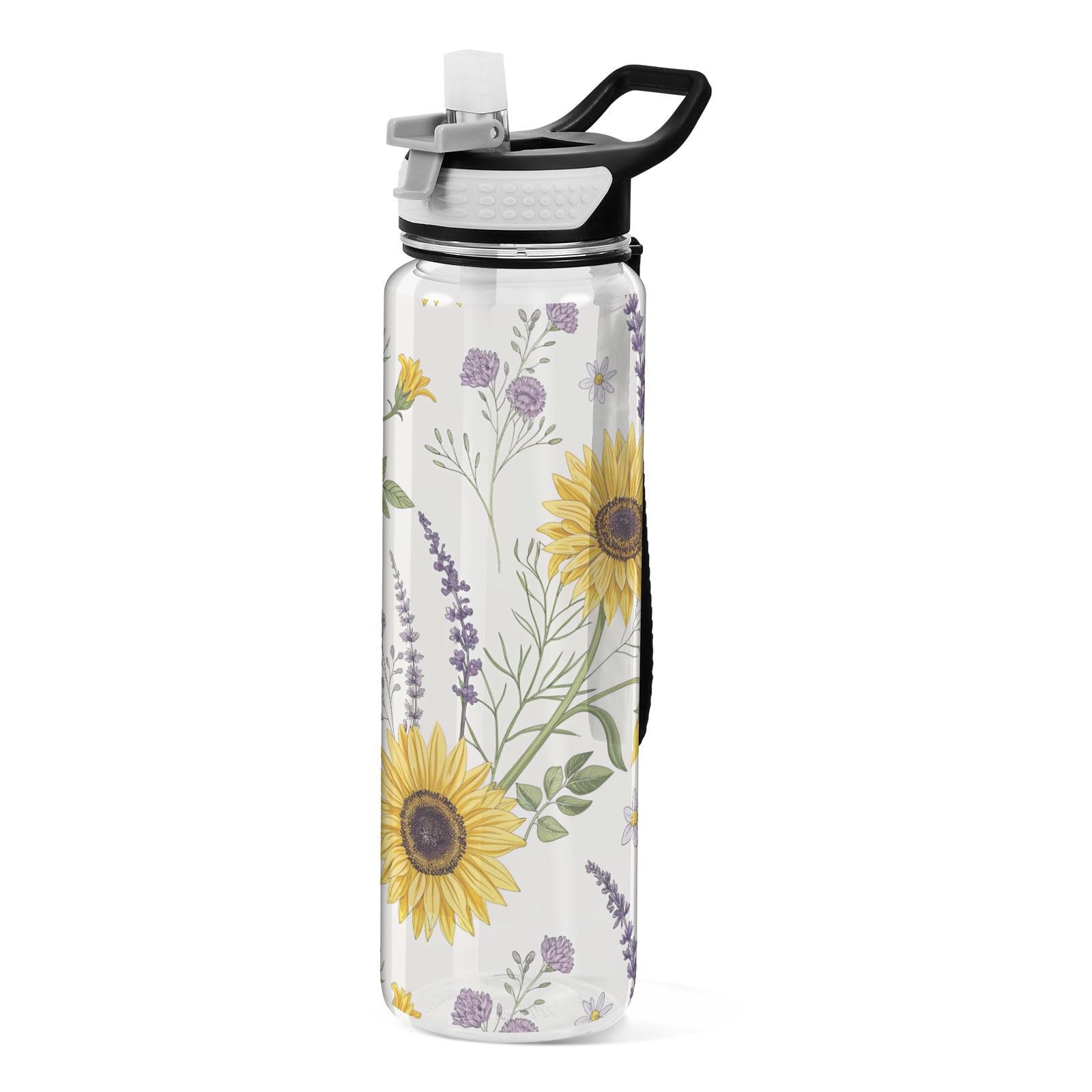 FLildon Sunflower Floral White Water Bottle with Straw Lid 32oz Leakproof Clear Gym Water Bottles for Women Men Outdoor Sport Drinking