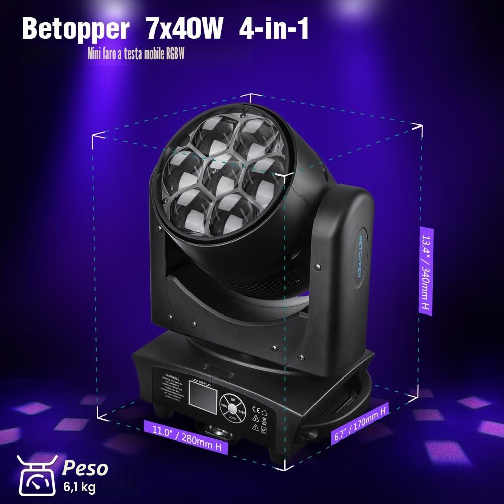 BETOPPER Teste Mobili 350W Luci Discoteca - Moving Head LED 7x40W RGBW Beam/Wash/Zoom Bee Eye - Luci Spot per Illuminazione da Palco con Attivazione Sonora per Party, Club, Bar, e Casa