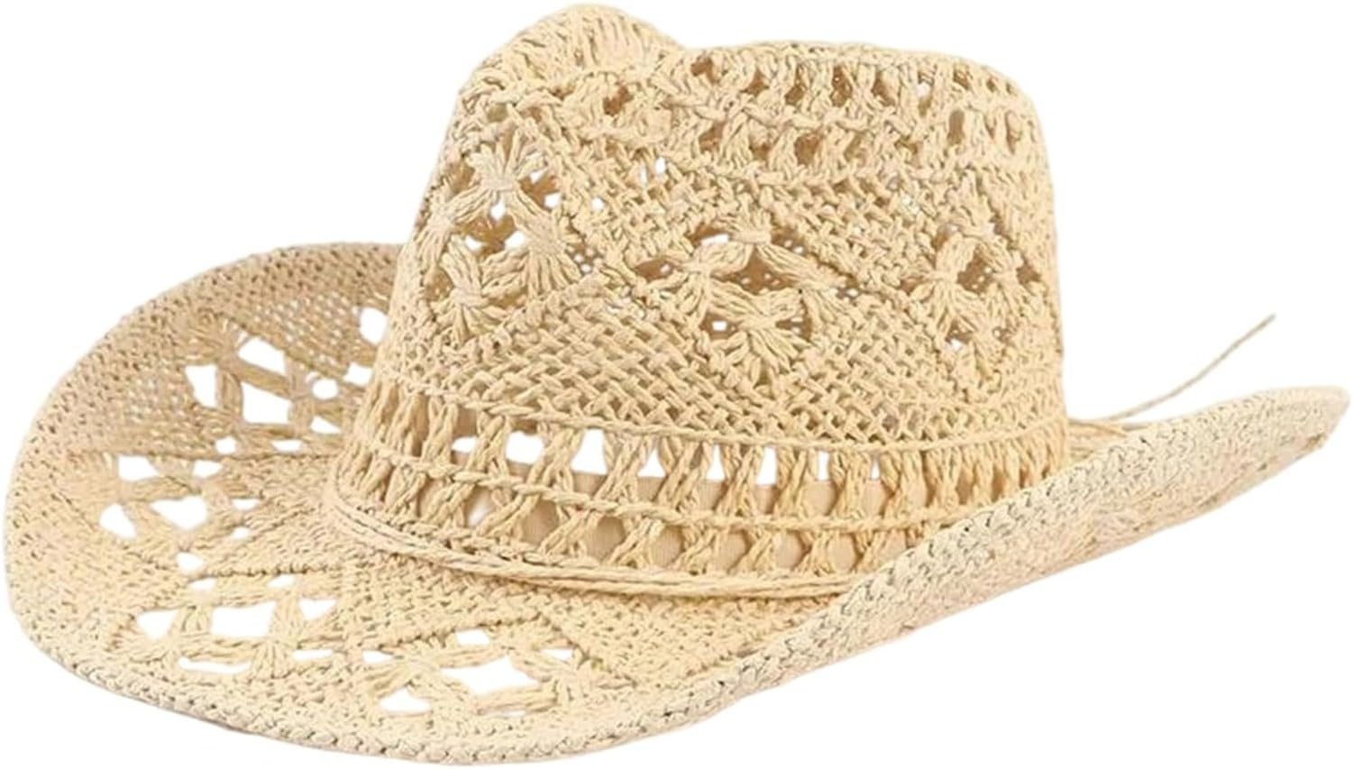 GYFGRTQ Hand-Woven Wide Brim Straw Cowboy Hat, Breathable Jazz Panama Cap for Beach Travel, T1
