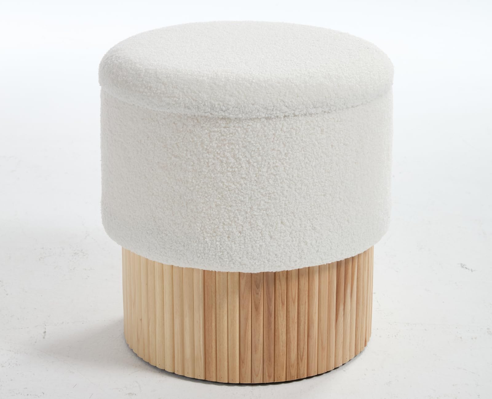 Pouf Contenitore Puff in Pelliccia per Camera da Letto, Bianco | Cassapanca Contenitore Rotonda, Pouf Poggiapiedi Imbottita, Sgabello Contenitore in Legno per Soggiorno/Trucco/Salotto
