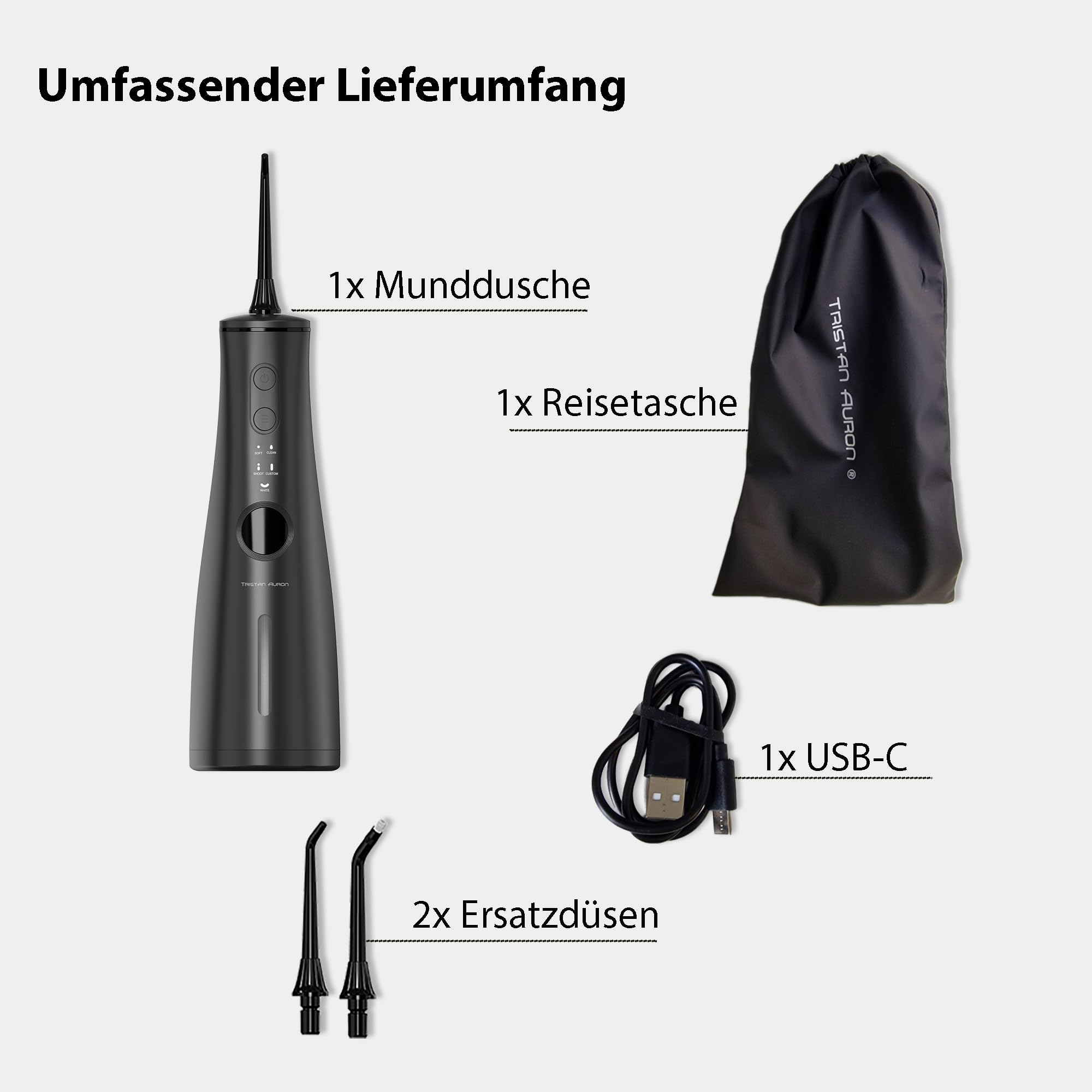 Tristan Auron Munddusche – 2 Ersatzdüsen und Reisetasche, 5 Modi, 8 Druckstufen inkl. Shoot Modus, 300ml Tank, LCD Display, USB-C Schnellladung, IPX7 - ProJet Water Flosser