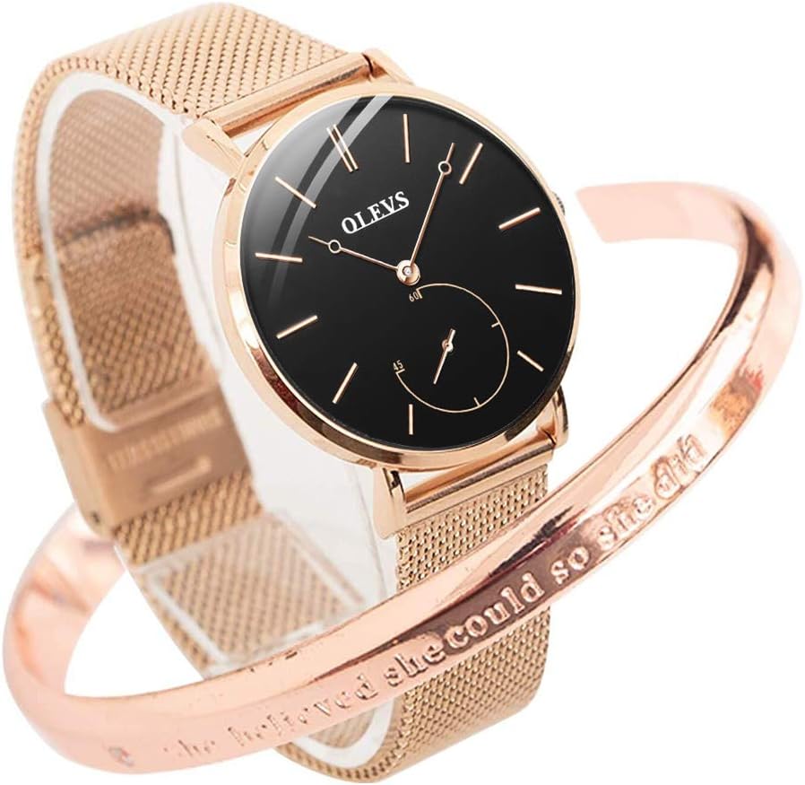 Ultra Thin Watches for Women Waterproof Mesh Rose Gold Stainless Steel with Second Hand Black face Fashion Ladies Watch Girls Analog Quartz Female Wrist Watch Sets with Women's Bracelets Set