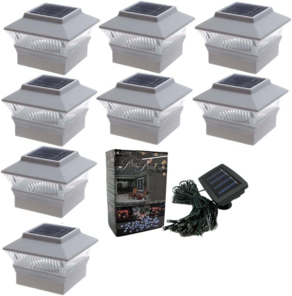 8-pack 4x4 Outdoor Garden Solar LED Post Cap Fence Pathway Landscape Square Light Lights + Free Bonus 1-100 LED 40ft Solar Powered Decoration String Light (For PVC Post BRIGHT WHITE COLOR))
