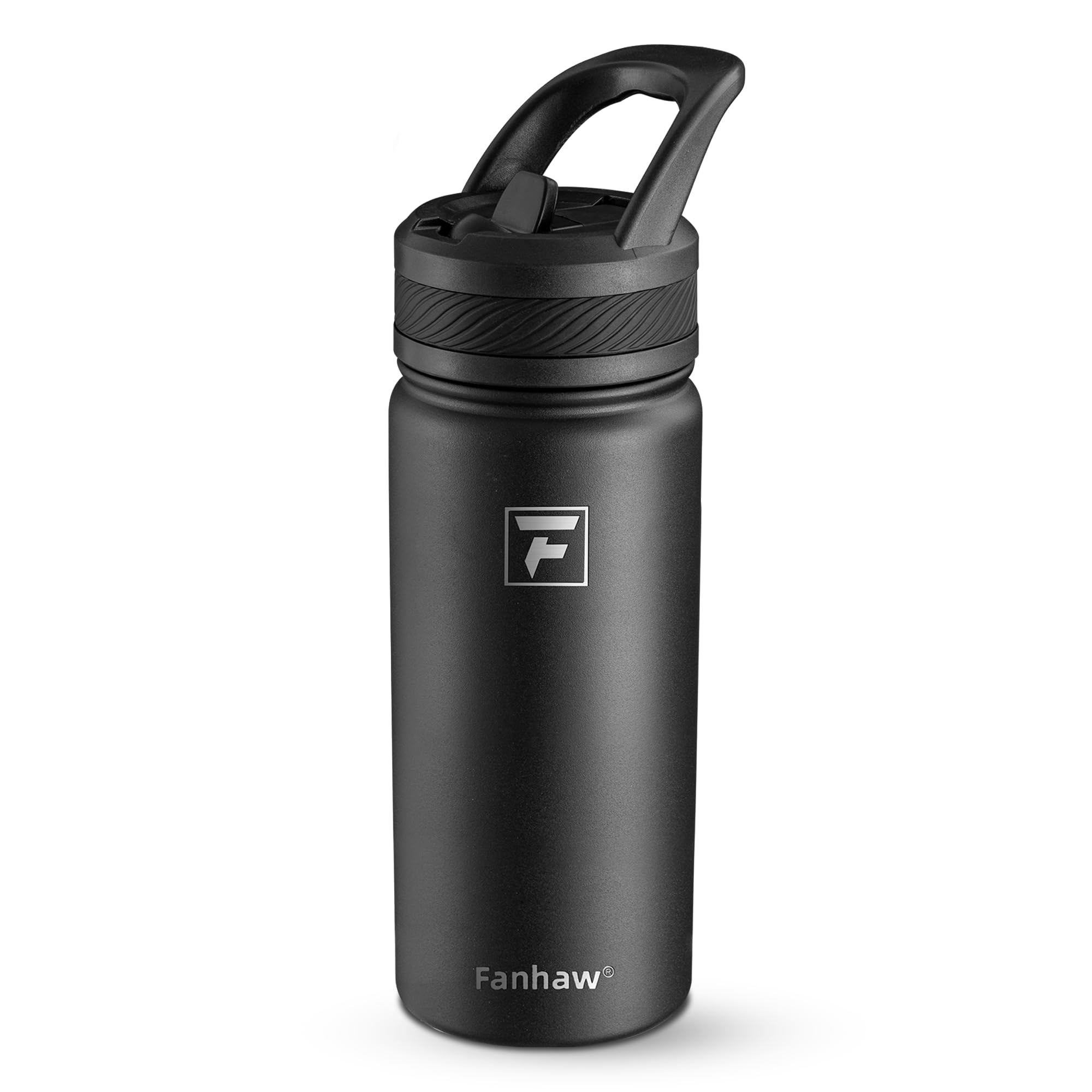 Fanhaw 550ml/18oz Kids Insulated Water Bottle with Straw Lid – Stainless Steel Double Wall Vacuum, Leak-Proof, BPA-Free Water Bottles for School Boys & Girls(Black)
